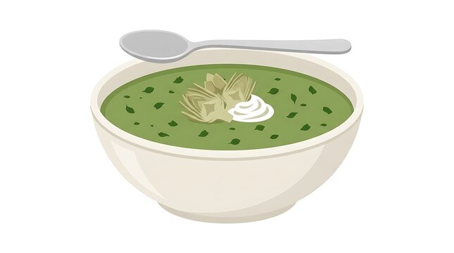Bowl of green vegetable soup with herbs and sour cream