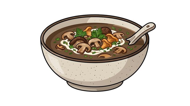 Bowl of mushroom soup with herbs and a spoon