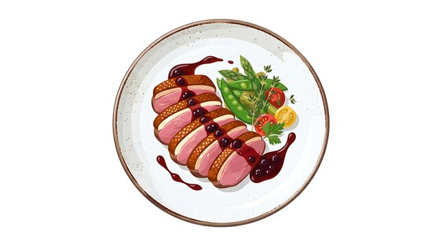 Sliced duck breast with berry sauce and salad on white plate