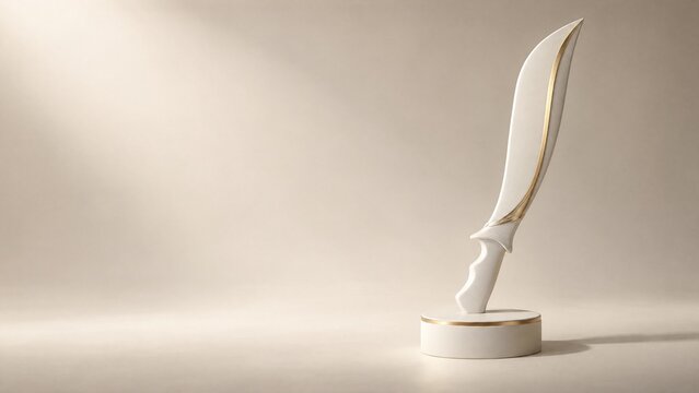 White bolo knife sword with gold trimmed blade standing on porcelain pedestal