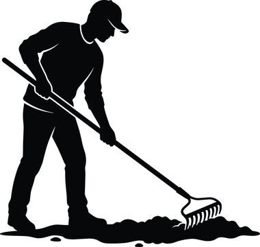 Hardworking landscaper raking soil silhouette vector graphic icon representing traditional garden maintenance and agricultural lawn care service layout