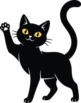 Cute black cat standing and waving paw vector illustration featuring a friendly cartoon kitten with bright yellow eyes layout