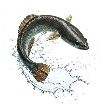 Snakehead fish jumping out of water with splash, PNG transparent background.