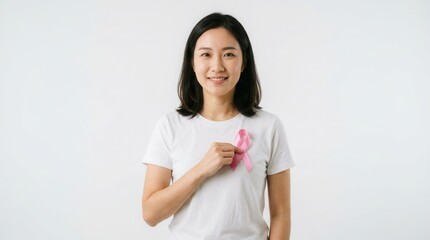 Fototapeta premium Asian Woman Wearing White T-Shirt Holding Pink Ribbon Symbolizing Breast Cancer Awareness Month