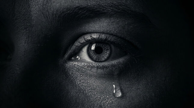 Dramatic close-up of a human eye crying with a single teardrop