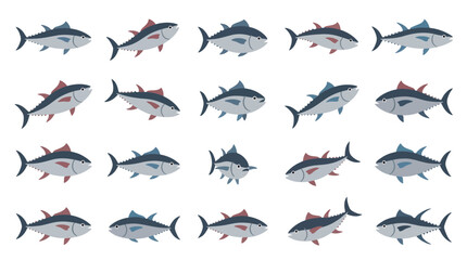 Fototapeta premium A collection of stylized tuna fish illustrations arranged in a grid pattern on a white background.
