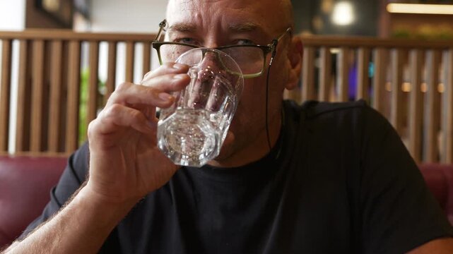 Middle-aged man in black shirt drinks from a glass of water while seated at a wooden table in a casual dining environment with red upholstery