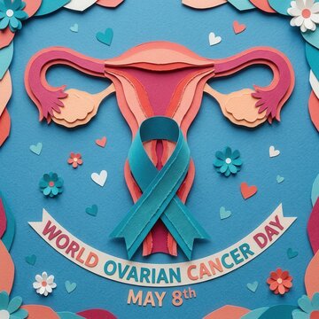 Artistic Representation Of World Ovarian Cancer Day Awareness May 8th With Ribbon Symbol
