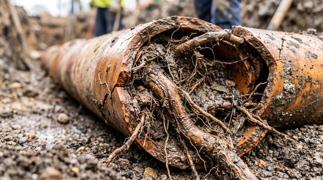 Broken clay sewer pipe completely blocked by tree roots, exposed during infrastructure repair