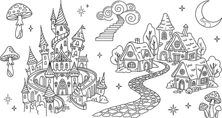 Fototapeta premium Fairy tale fantasy castle and village vector illustration set with whimsical houses mushrooms stairs to heaven moon
