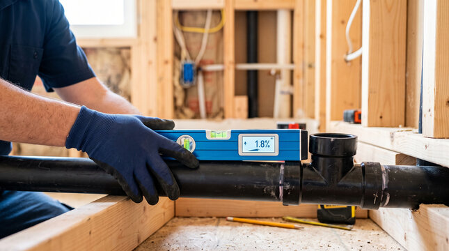 Plumber Using Digital Level to Accurately Check Slope of Drainage Pipe on Construction Site