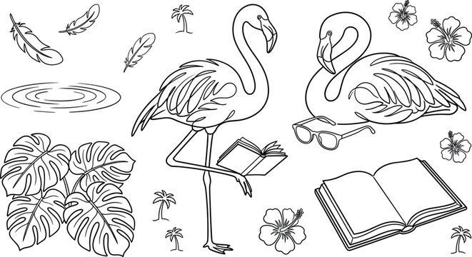 Cute pink flamingo tropical vector elements set with reading books sunglasses monstera leaves hibiscus flowers and palm trees