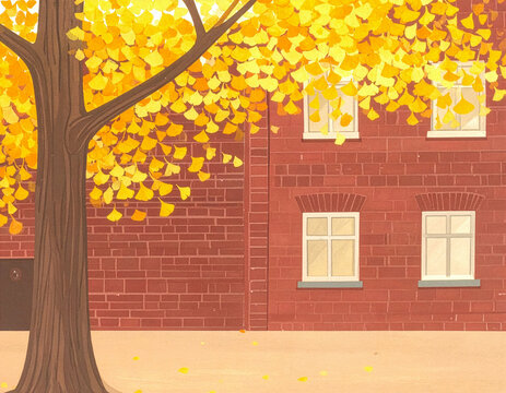 ozy autumn building background with yellow ginkgo tree leaves over red brick wall.