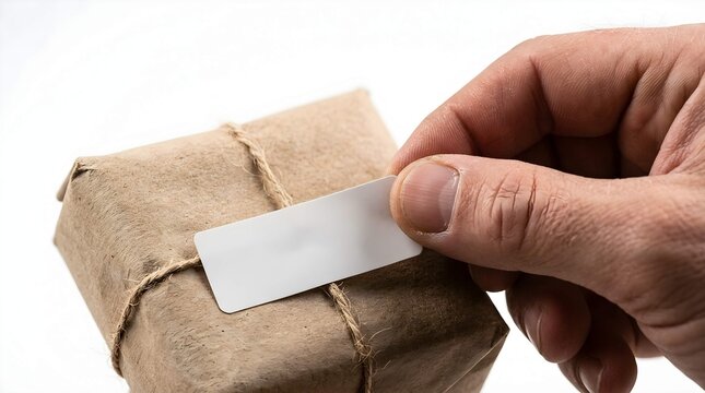 Hand placing blank white tag on brown paper parcel tied with string