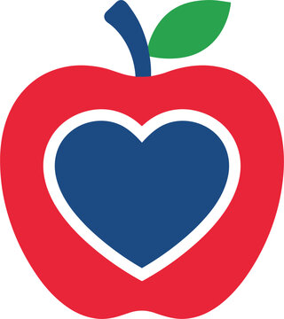 Red apple with blue heart shape vector icon graphic