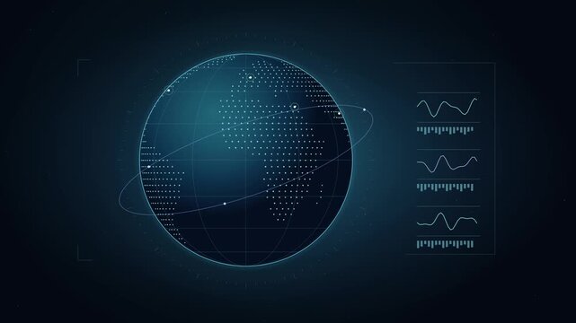 Terre num&eacute;rique holographique en rotation avec continents lumineux et interface futuriste