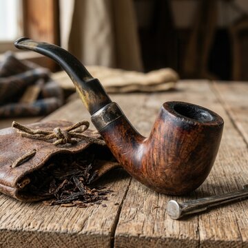 Antique Smoking Pipe And Tobacco Pouch On Rustic Wooden Surface