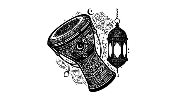 Title: Ornate Islamic Drum and Ramadan Lantern Black White Vector