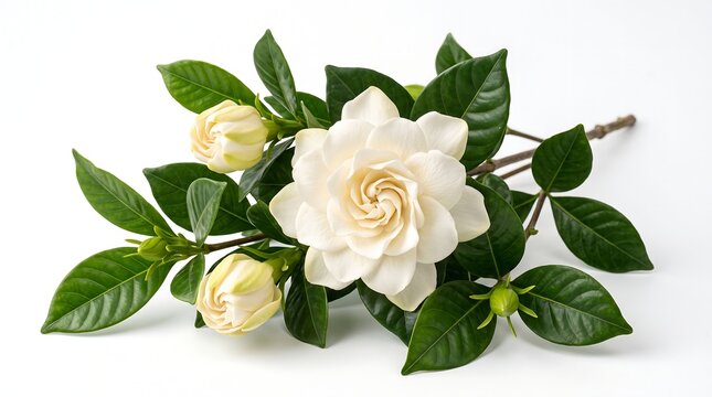 A beautiful white gardenia flower with buds and green leaves on a white background.