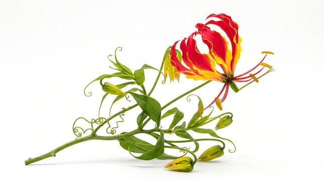 A vibrant Gloriosa lily flower with red and yellow petals on a white background.