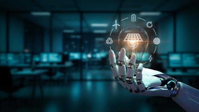 Robotic hand holding a glowing lightbulb with renewable energy icons, symbolizing ais role in sustainable and green technology for a brighter future