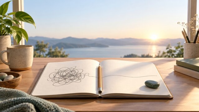 Therapy journal with pencil and stone with pages toward horizon