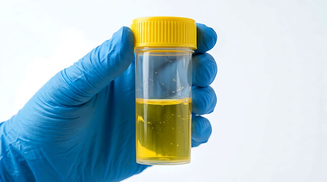 A gloved hand holding a urine sample container for medical lab testing procedures