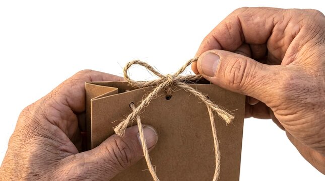 Mature hands tying jute string bow on brown paper package