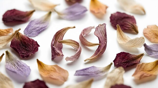 Number sixty nine formed by dried flower petals on white background