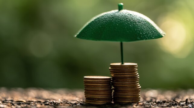 An umbrella protecting a stack of coins symbolizes financial protection, insurance coverage, savings security, investment resilience, and economic risk management.
