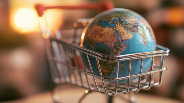 A shopping cart carrying a world globe represents online commerce, global retail networks, international trade, digital marketplaces, and worldwide purchasing demand.
