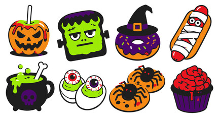 Fototapeta premium Set of Spooky Halloween Food Icons Including Pumpkins Donuts and Creepy Snacks