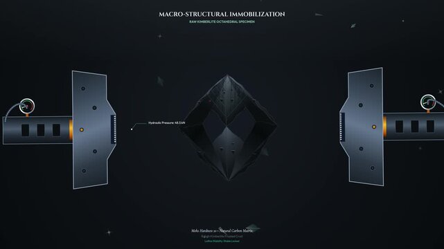 2D animation infographic of diamond laser cleaving process showing structural immobilization of raw kimberlite octahedral specimen and flawless planar separation by picosecond photo ablation