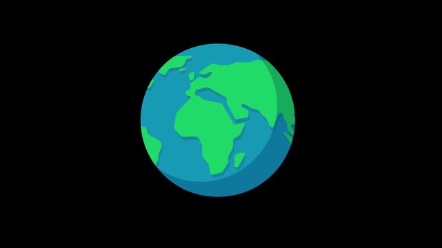 Modern flat design of planet Earth with green continents and blue oceans on a black background.