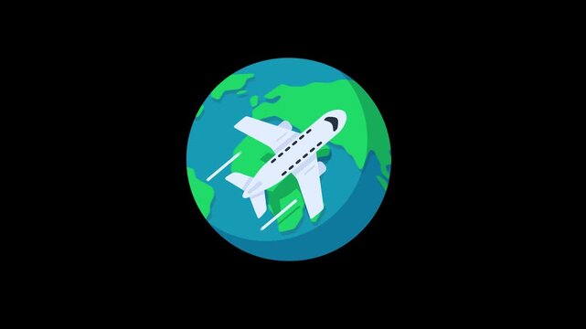 Modern flat design of a commercial aircraft soaring around the planet, depicting global transport and journey.
