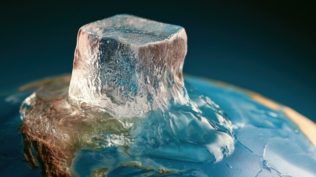 A small globe beneath a melting ice cube illustrates global warming, climate change, shrinking glaciers, increasing heat, and the planet&rsquo;s environmental fragility.
