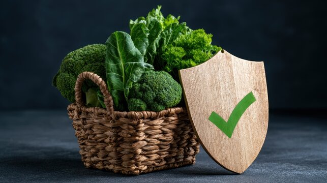 A protective shield beside fresh vegetables represents safe food, quality assurance, contamination control, healthy eating, and reliable agricultural supply chains.
