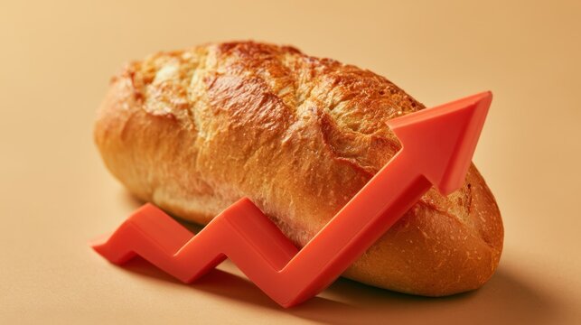 A rising price arrow near a loaf of bread highlights food inflation, costly essentials, supply shortages, reduced purchasing power, and consumer financial stress.
