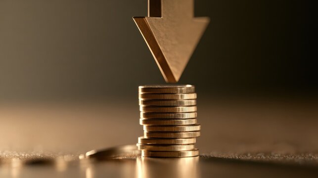 A downward arrow above stacked coins represents falling investments, declining asset values, financial risk, market volatility, and economic uncertainty.

