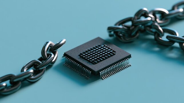 A broken supply chain positioned near a computer chip represents semiconductor scarcity, production disruption, technology risk, and global manufacturing dependency.
