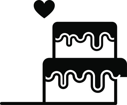Two tier wedding or birthday cake icon featuring dripping chocolate glaze coating and a heart topper