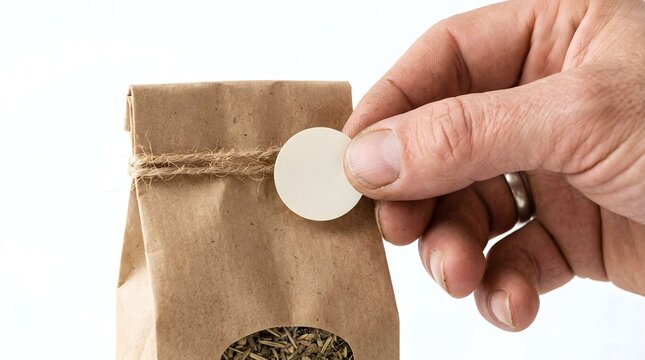 Person holding blank round label on brown paper pouch with twine