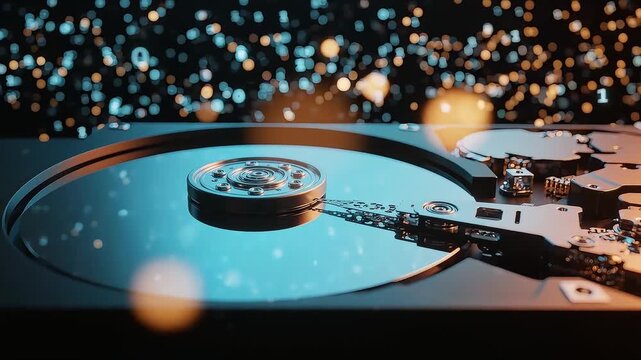 Open Computer Hard Disk Drive Platter with Actuator Arm and Digital Bokeh - Hardware Video Footage