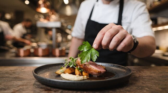 chef plating gourmet duck breast dish, fine dining culinary art, professional kitchen scene
