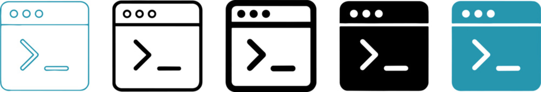 Terminal command line icon set, programming code window vector, 5 software development interface symbols for web design and app UI ,Clean grouped each Icon