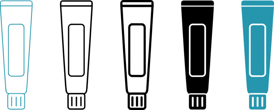 Cosmetic tube icon set, 5 cream tube vector illustrations, minimalist skincare packaging symbols, medical ointment and toothpaste tube icons ,Clean grouped each Icon