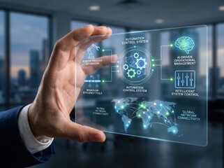 Obraz premium Futuristic Holographic Interface Displays Advanced Automation and Global Connectivity Technology