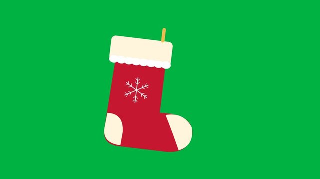 A red stocking with ivory cuff heel and toe swings from a small loop. 4K UHD animation on solid chroma green with a 12 second loop at 30 fps. No audio.