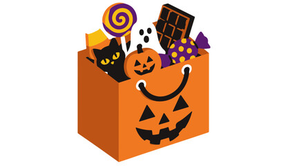 Fototapeta premium Orange Trick or Treat Bag Filled with Sweets and a Black Cat Illustration