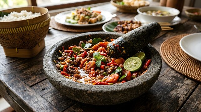 Traditional Indonesian sambal chili paste freshly ground in a stone cobek mortar with pestle, lime, and ingredients on a rustic table.